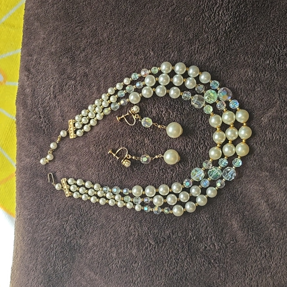 EUC - Vintage Costume Jewelry -Earrings and 3-Strand Faux Pearl Necklace